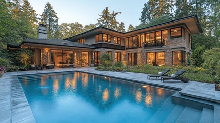 A modern home with a pool surrounded by trees, showcasing elegant architecture and outdoor leisure space.