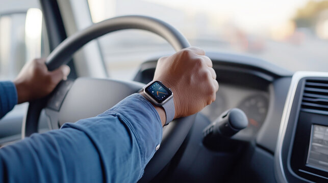 African male driving with smartwatch in urban setting - Powered by Adobe