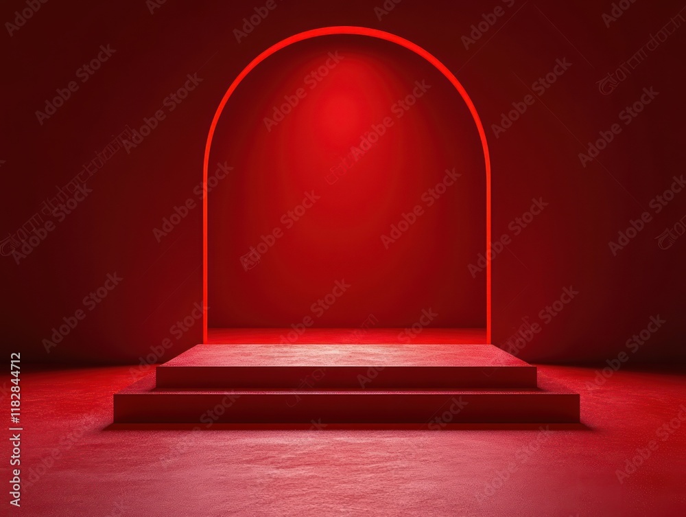 Poster red podium for product display in minimalist scene with dramatic lighting