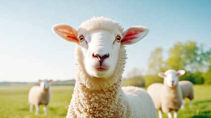 Fototapeta premium Close-up of sheep in lush green pasture on a sunny day