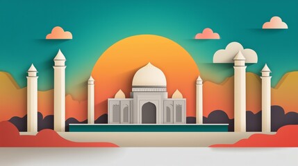 Colorful infographic illustration of taj mahal with sunset and clouds for design