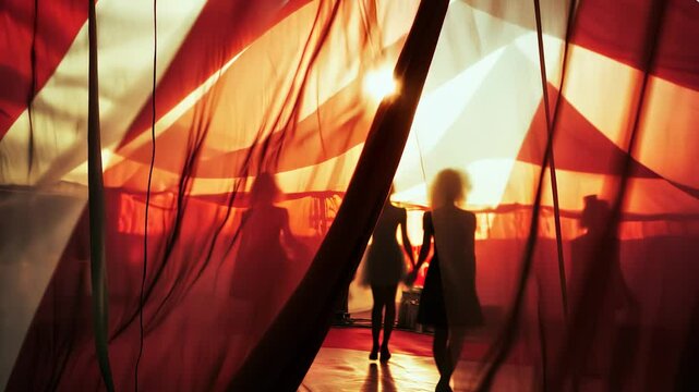 A red curtain with people walking through it. Tent, circus, performance, curtains, silhouettes, people, holiday, concert. Silhouettes of people at a concert during lifestyle holiday. Holiday.