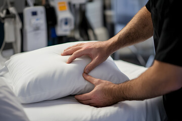 Obraz premium Hands Adjusting Pillow on Hospital Bed