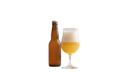 A bottle and glass of golden beer positioned together on a white background