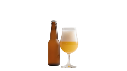 A bottle and glass of golden beer positioned together on a white background