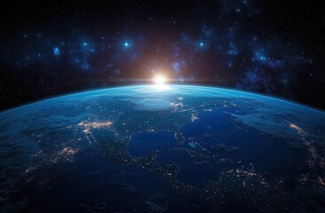 Fototapeta premium Stunning Earth View from Space with Vibrant Oceans and Green Continents Under Dramatic Lighting