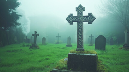 Serene celtic cross in misty cemetery landscape