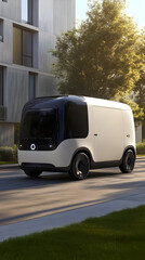 Autonomous Delivery Van Drives on Suburban Street, showcasing driverless technology on a sunny day.