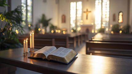 Open Bible with Lit Candles on a Wooden Altar in a Peaceful Church Interior. Concept of Faith, Worship, and Spiritual Reflection. Ash Wednesday