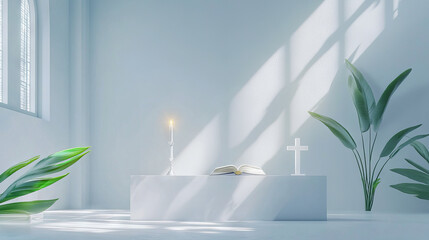 Minimalist Church Altar with Open Bible and Cross in Sunlit Space with Greenery. Concept of Serenity, Spiritual Reflection, Clean Design. Ash Wednesday. Copy Space