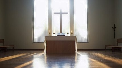 Minimalist Church Altar with Open Bible and Candles Illuminated by Sunlight, Concept of Spiritual Reflection and Peaceful Serenity. Ash Wednesday
