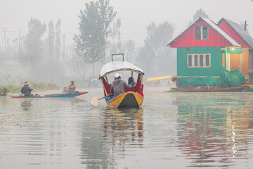 Rainawari, Srinagar, Jammu and Kashmir, India. Man paddling tourist boat on Dal Lake in the fog.