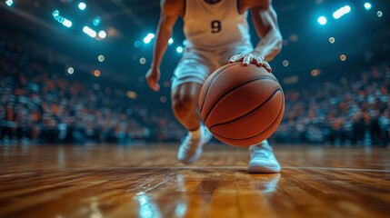 Intense Moment of a Player Dribbling the Basketball on Court