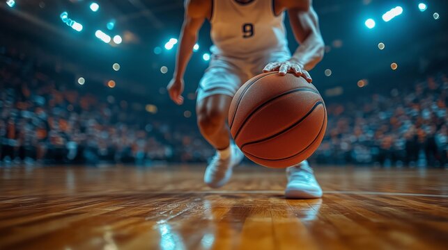 Intense Moment of a Player Dribbling the Basketball on Court