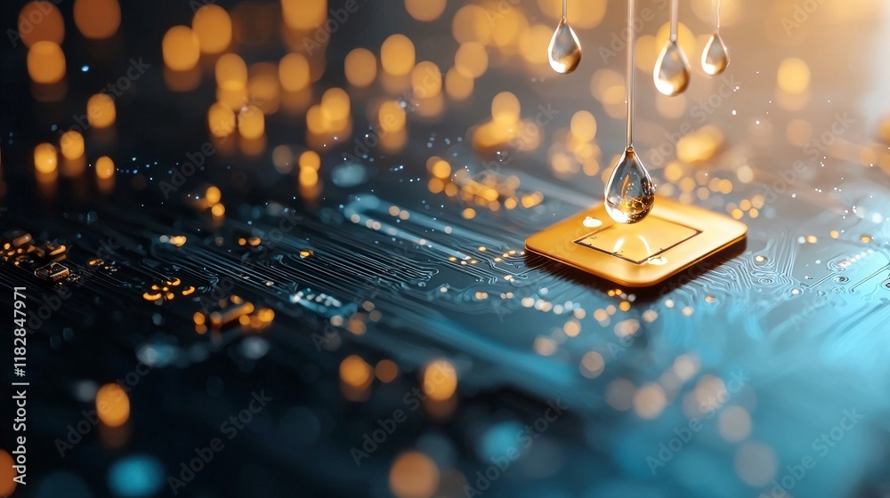 Poster close-up of a circuit board with glowing microchip and droplets reflecting light in a high-tech envi