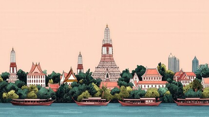 Obraz premium Monument cultural and iconic, A vibrant illustration of a riverside cityscape featuring historic buildings, lush greenery, and boats on the water against a soft peach background.