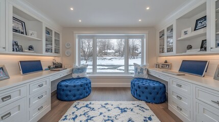 Bright and Airy Home Office with Built-in Desk and Blue Accents