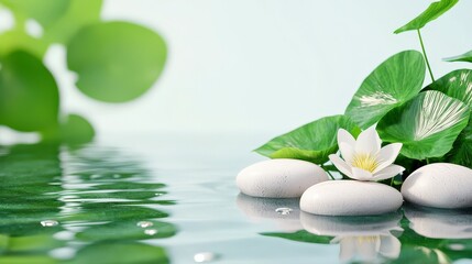 Tranquil Water Scene with Lotus Flower and Smooth Stones Reflecting in Serene Calm Environment
