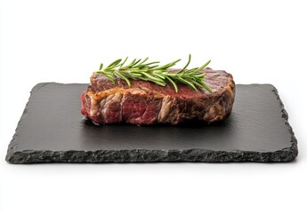Freshly Cut Beef Steak Showcasing Juicy Texture and Rosemary Garnish on Black Slate Plate Isolated on White Background for Culinary and Food Photography