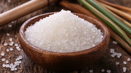 Organic White Sugar Crystals in Wooden Bowl