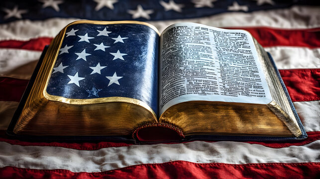 Antique Book Open on American Flag Displays History and Patriotism Beautifully