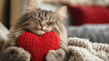 A gray fluffy cat playfully holding a red knitted heart, cozy Valentine's Day design with festive background and text space.