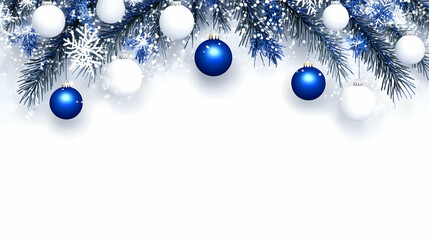 Christmas background illustration with fir branches, snowflakes, and blue and white ornaments elegantly arranged