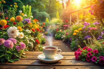 Vintage Morning Garden Coffee: Serene Sunrise, Blooming Flowers, Coffee Cup Video Background