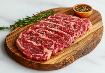 Fototapeta premium Freshly Sliced Raw Beef Steak Displayed on a Wooden Cutting Board with Sprigs of Rosemary and a Bowl of Peppercorns for Culinary Inspiration