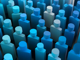 Obraz premium 3D Render of Abstract Blue Figures Forms a Crowd in a Dark Background with Geometric Shapes