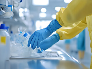 Laboratory Technician Handling Medical Fluid Containers