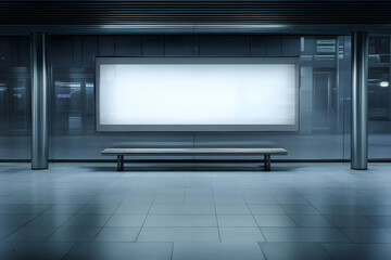 Blank Billboard Displays Information with a Bench Below for Waiting Passengers Inside a Building.