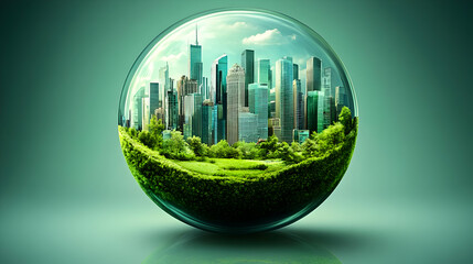 Cityscape encased in a protective bubble symbolizes sustainability and eco-friendly urban development.