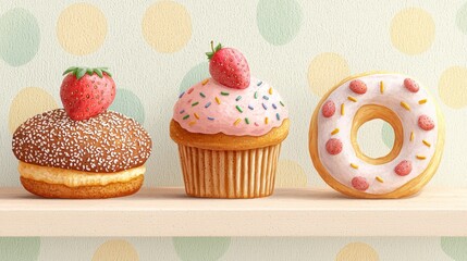 Delightful Display of Colorful Desserts Including Cupcake, Donut, and Brownie with Fresh Strawberries on Top