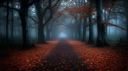 Obraz premium Misty Forest Path with Red Autumn Leaves Creates Enchanting Scene at Dusk Quietly