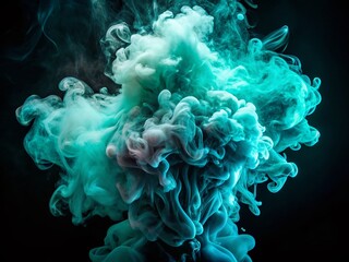 Ethereal Teal Smoke Swirls on Black: Abstract Double Exposure Stock Photo