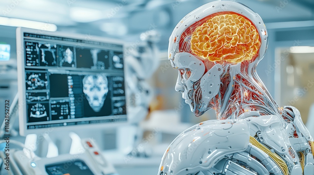 Poster futuristic humanoid robot with transparent skull and glowing brain in a high-tech laboratory setting