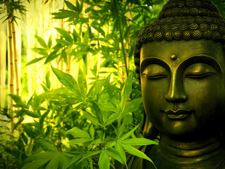Serene Statue Rests Peacefully Amidst Lush Green Foliage and Bamboo Shoots with Golden Light