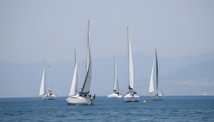Obraz premium boats sail regatta with sailboats in mediterranean, simple style. isolated with white highlights