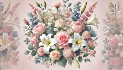 Soft dreamy pastel floral design with a mix of roses, peonies, and lilies creating a romantic vibe