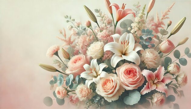 Soft dreamy pastel floral design with a mix of roses, peonies, and lilies creating a romantic vibe