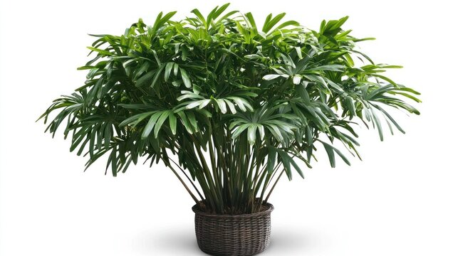 Lush potted Rhapis excelsa palm indoor plant against white