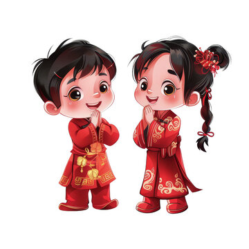 A happy cartoon couple dressed in traditional Chinese wedding attire.