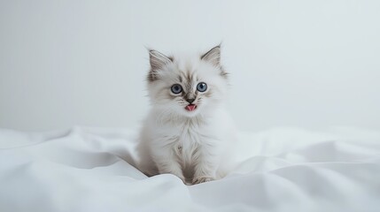 Domestic kitten sitting neatly and licking its lips, eyes wide and alert, centered on a minimalistic white backdrop.