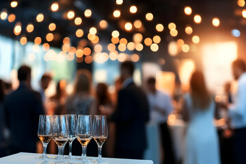 Wine Glasses Stand Ready at a Social Gathering with Softly Lit Background.