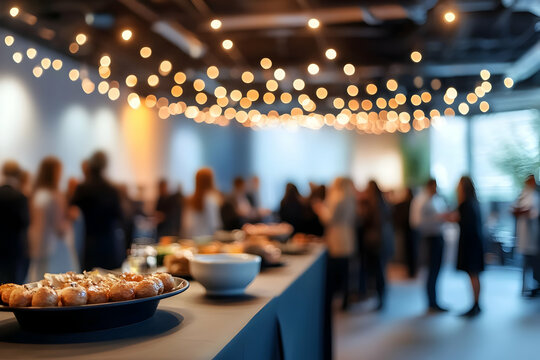Food Table at a Crowded Reception Shows Appetizers with Blurry Guests and String Lights Decor