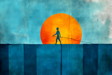 Silhouette Man Pulls Rope Against Orange Circle on Blue Abstract Background Illustration