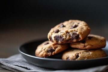 A plate of freshly baked chocolate chip cookies on a linen napkin with a dark background