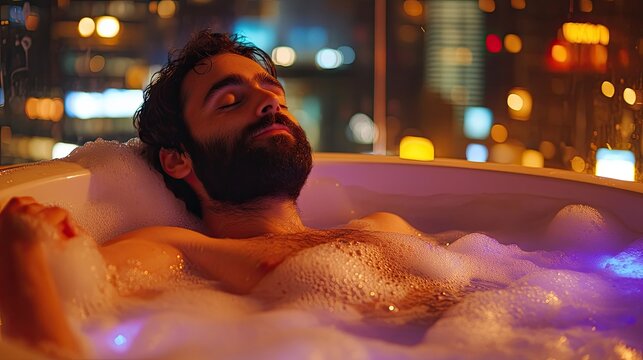 Relaxing man enjoying a bubble bath in a city hotel room at night with vibrant skyline background