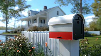 Red, White, and Black Mailbox Stands by White Picket Fence in Front of House with Flowers